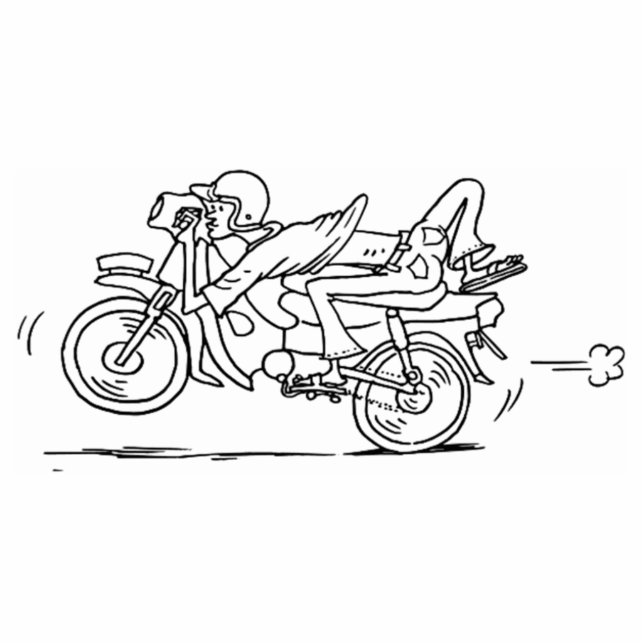 Man cartoon motorfiets staand fotobeeldje  (Voorkant)