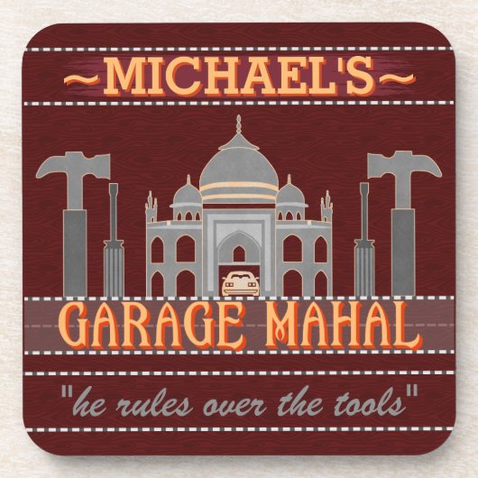 Man Cave Funny Garage Mahal Red | Aangepaste naam Onderzetter (Voorkant)