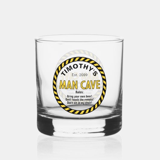 Man Cave Sign Attentie Tape Rocks Whisky Glas (Voorkant)