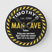 Man Cave Sign met waarschuwing Tape Effect & Regel Ronde Klok (Voorkant)