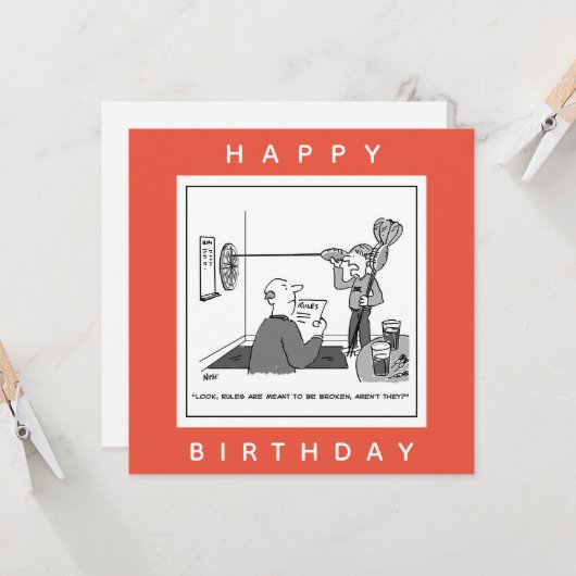 Man Cheating in Darts Cartoon Kaart (Voorkant / Achterkant in situ)