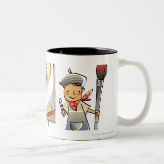 Man dat een penseel houdt en dat staat bij een ese tweekleurige koffiemok