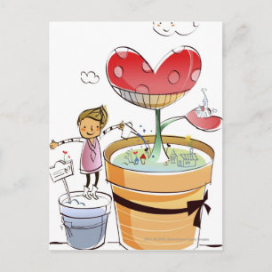 Man dat een plant met potten bewatert briefkaart