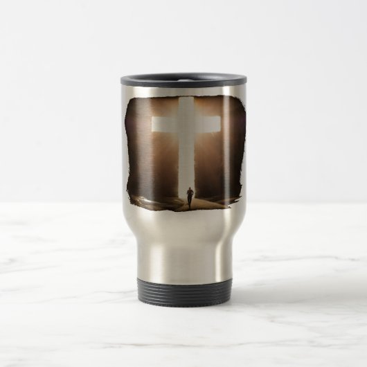 Man dat het Christelijke kruis van Jezus stroomt Reisbeker (Center)