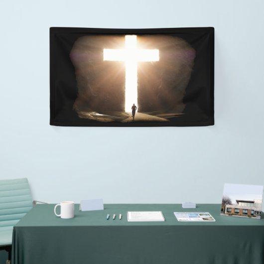 Man dat het Christelijke kruis van Jezus stroomt Spandoek (Beurs)