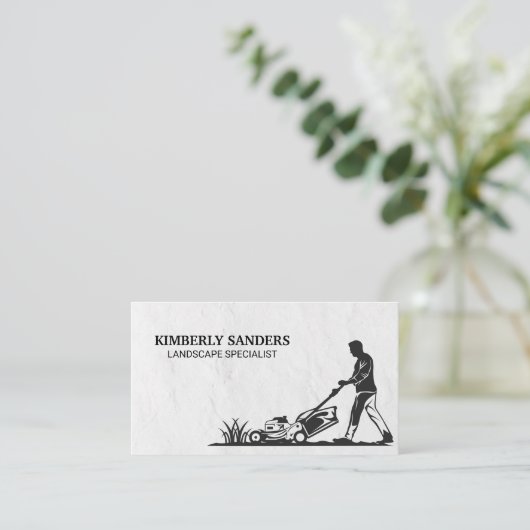 Man dat het gras maait visitekaartje (Staand voorkant)