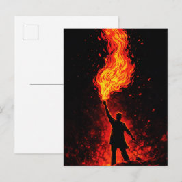 Man die enorme fakkel vasthoudt Dramatische silhou Briefkaart