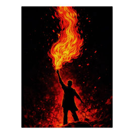Man die enorme fakkel vasthoudt Dramatische silhou Perfect Poster