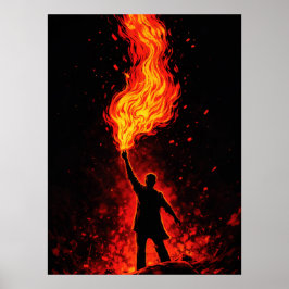 Man die enorme fakkel vasthoudt Dramatische silhou Poster