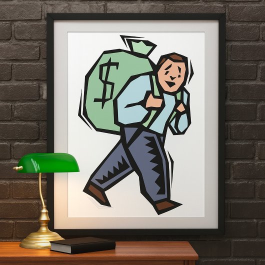 Man die grote geldzak draagt poster