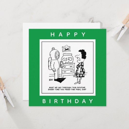 Man Dons Scuba Diving Outfit to Feed Fish Cartoon. Kaart (Voorkant / Achterkant in situ)