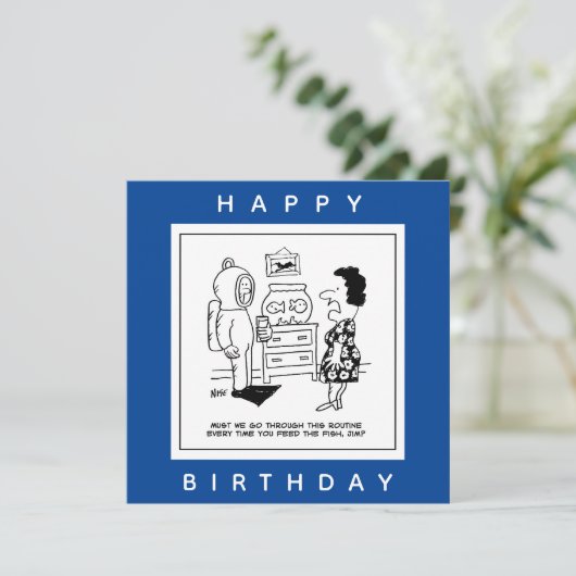 Man Dons Scuba Diving Outfit to Feed Fish Cartoon. Kaart (Staand voorkant)