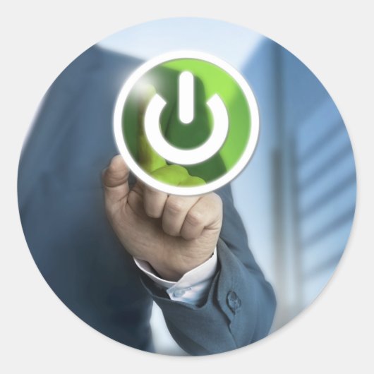 Man duwt het concept achtergrond van de machtsknoo ronde sticker (Voorkant)