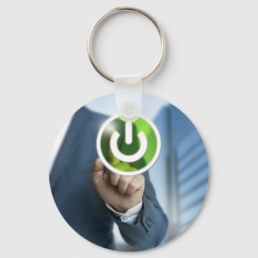 Man duwt het concept achtergrond van de machtsknoo sleutelhanger (Voorkant)