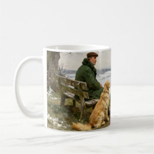 Man en hond genieten van het winterlandschap koffiemok