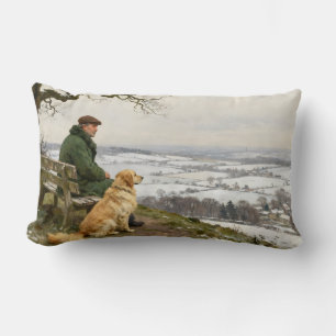 Man en hond genieten van het winterlandschap kussen