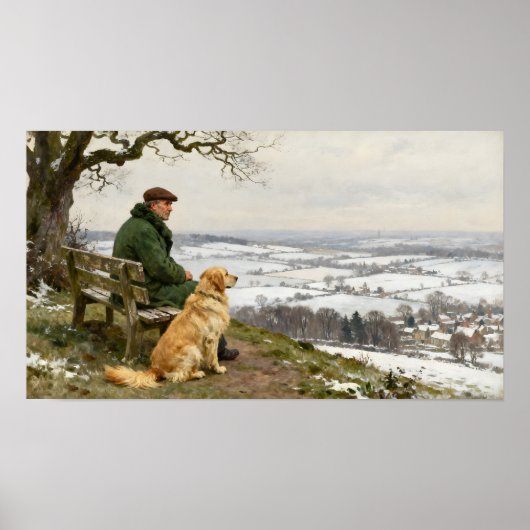 Man en hond genieten van het winterlandschap poster (Voorkant)