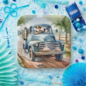 Man en hond in oude blauwe vrachtwagen papieren bordje (Feest)