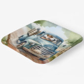 Man en hond in oude blauwe vrachtwagen papieren bordje (Gebogen)