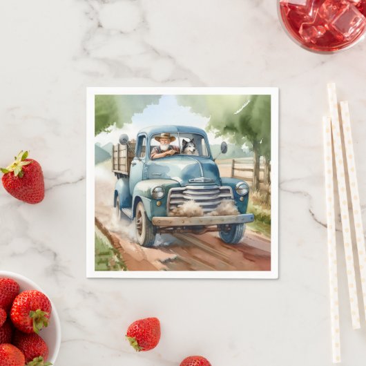 Man en hond in oude blauwe vrachtwagen servet (Insitu)