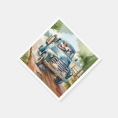 Man en hond in oude blauwe vrachtwagen servet (Hoek)