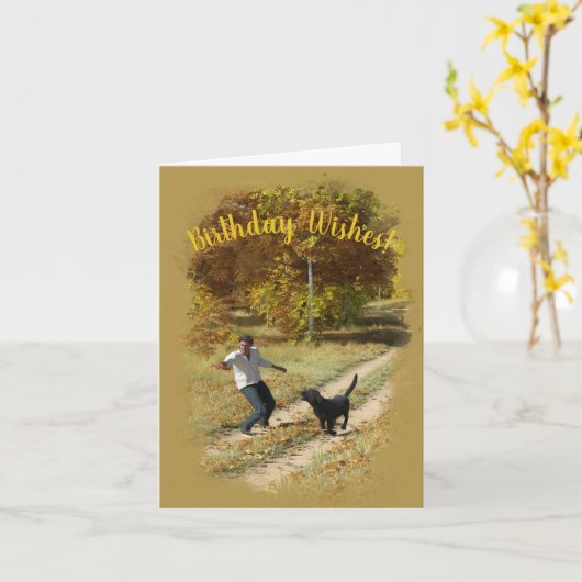 Man en hond spelen Frisbee Verjaardag Kaart (Gele Bloem)