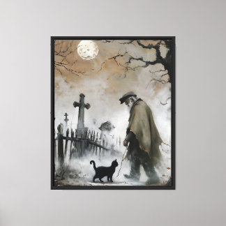 Man en kat op het kerkhof canvas afdruk