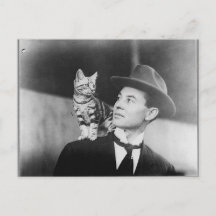 Man en kat zwart-wit ansichtkaart