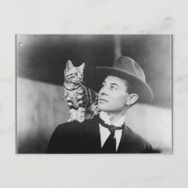 Man en kat zwart-wit ansichtkaart briefkaart