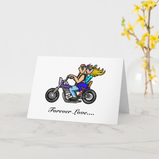 Man en vrouw op motorfiets wenskaart kaart (Gele Bloem)