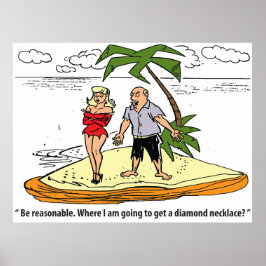 Man en vrouw op onbewoond eiland, grappige vintage poster
