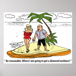 Man en vrouw op onbewoond eiland, grappige vintage poster