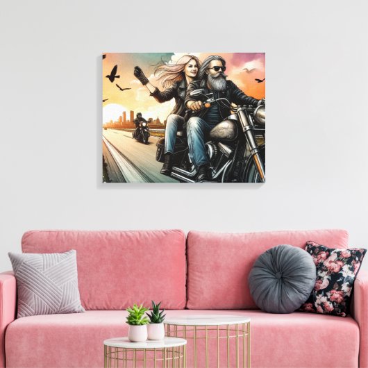 Man en Vrouw Rijden Motorfiets op Snelweg Canvas (Insitu (Woonkamer))