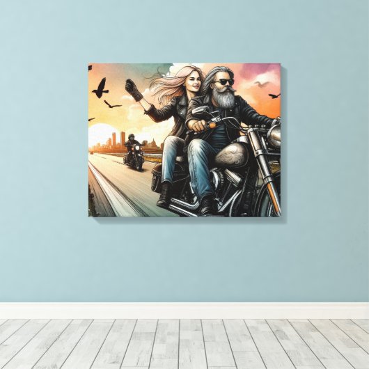 Man en Vrouw Rijden Motorfiets op Snelweg Canvas (Insitu (Houten vloer))