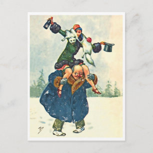 Man en vrouw vieren Nieuwjaar, grappige vintage Briefkaart