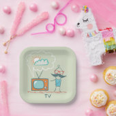 Man en zijn televisie papieren bordje (Feest)