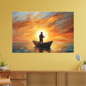 Man fishing inside the boat with a sunset canvas afdruk (Insitu (Woonkamer))