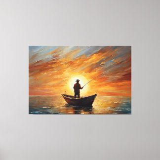 Man fishing inside the boat with a sunset canvas afdruk