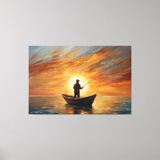 Man fishing inside the boat with a sunset canvas afdruk (Voorkant)