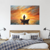 Man fishing inside the boat with a sunset canvas afdruk (Insitu (Slaapkamer))