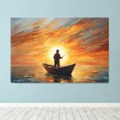 Man fishing inside the boat with a sunset canvas afdruk (Insitu (Houten vloer))