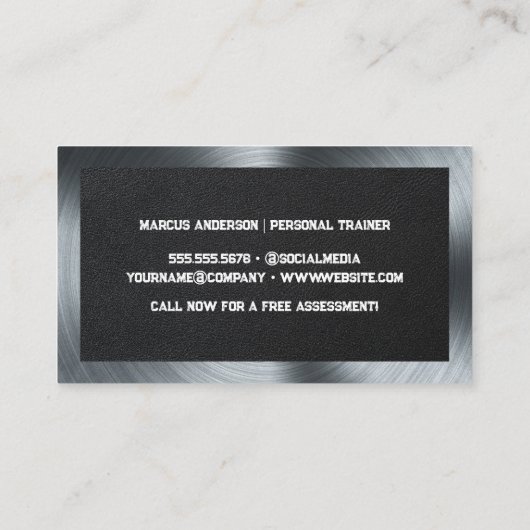 Man Flexing Fitness Logo | Leer | Metaal Visitekaartje (Achterkant)