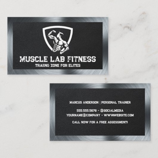 Man Flexing Fitness Logo | Leer | Metaal Visitekaartje (Voorkant / Achterkant)