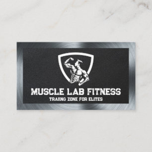 Man Flexing Fitness Logo Leer Metaal Visitekaartje