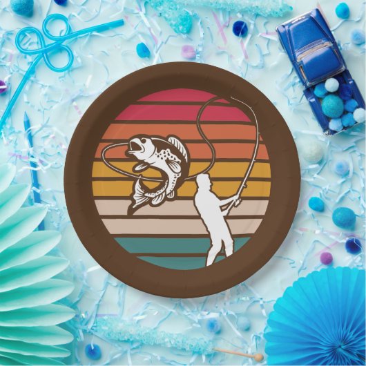 Man forel vissen retro zonsondergang Borden Papieren Bordje (Feest)