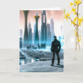 Man Gazing op Futuristic City Birthday Kaart (Gele Bloem)