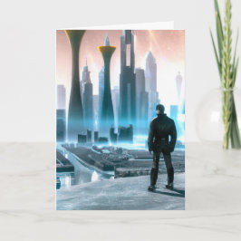Man Gazing op Futuristic City Birthday Kaart
