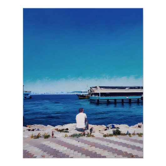 Man geniet van een sereen Uitzicht met bootjes Perfect Poster (Voorkant)