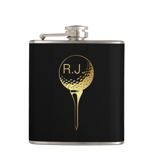Man Golf Monogram Black en Gold Flask Heupfles (Voorkant)