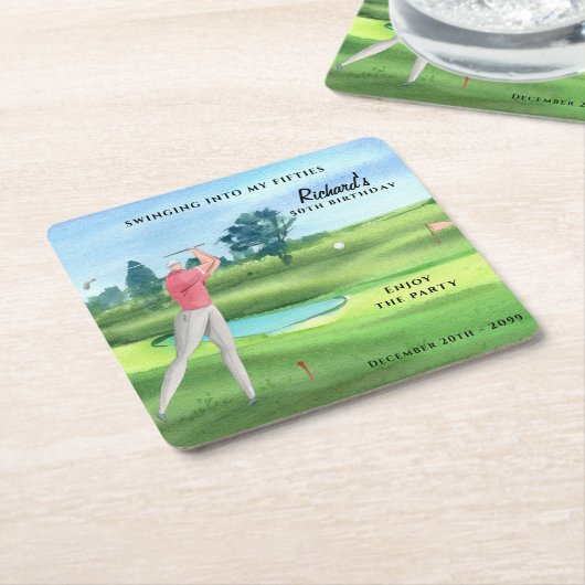 Man Golf Player Swinging Fifties 50th Birthday Kartonnen Onderzetters (Schuin)